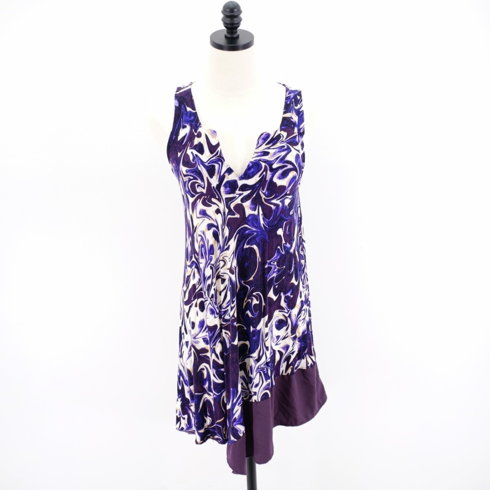 Simply Vera Wang XS V-Neck Split Neck Purple Floral Trapeze‎ Dress Sleeveless